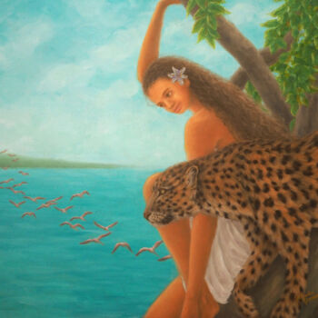 Ζωγραφική με τίτλο "Woman and Leopard" από Kyoko Yamaji, Αυθεντικά έργα τέχνης, Λάδι Τοποθετήθηκε στο Ξύλινο φορείο σκελετό