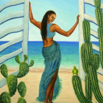 Painting titled "Door to Beach" by Kyoko Yamaji, Original Artwork, Oil Mounted on Wood Stretcher frame