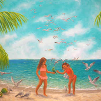 Painting titled "Girls' Little Friend" by Kyoko Yamaji, Original Artwork, Oil Mounted on Wood Panel