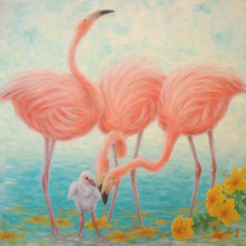 Painting titled "Flamingos" by Kyoko Yamaji, Original Artwork, Oil Mounted on Wood Panel