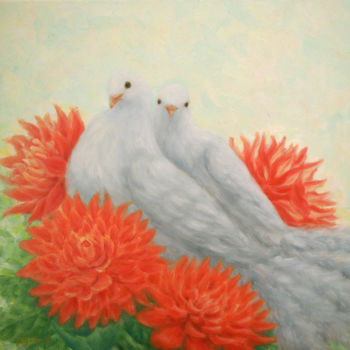 Painting titled "White Doves and Red…" by Kyoko Yamaji, Original Artwork, Oil Mounted on Wood Panel