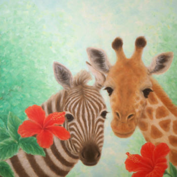 Painting titled "Zebra and Giraffe" by Kyoko Yamaji, Original Artwork, Oil Mounted on Wood Panel