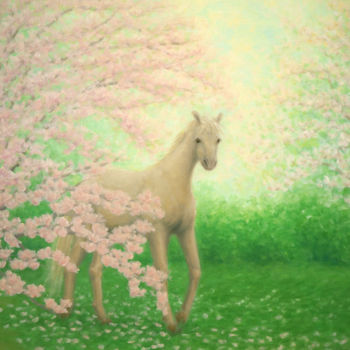 Painting titled "White Horse with Ma…" by Kyoko Yamaji, Original Artwork, Oil Mounted on Wood Panel