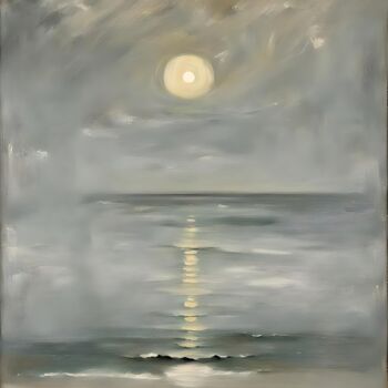 Digitale Kunst getiteld "Moonlight by the Sea" door Kyozai, Origineel Kunstwerk, AI gegenereerde afbeelding