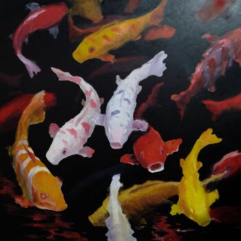 Painting titled "koi carps 6" by Kyrylo Bondarenko, Original Artwork, Oil Mounted on Wood Stretcher frame