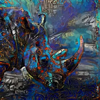 Digitale Kunst mit dem Titel "Rhinoblue" von L.Roche, Original-Kunstwerk, Tinte