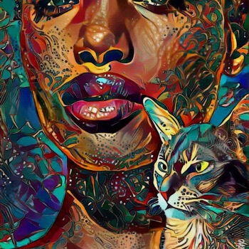 Arts numériques intitulée "Lyla et son chat" par L.Roche, Œuvre d'art originale, Travail numérique 2D