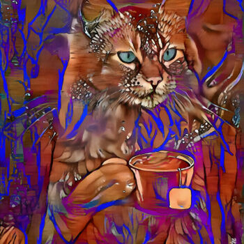 Digitale Kunst getiteld "Tea Cat Time" door L.Roche, Origineel Kunstwerk, 2D Digital Work