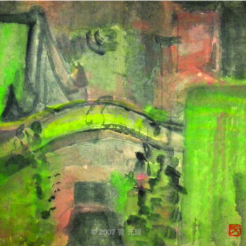 Ζωγραφική με τίτλο "Emerald bridge" από 玲 刘, Αυθεντικά έργα τέχνης, Ακουαρέλα