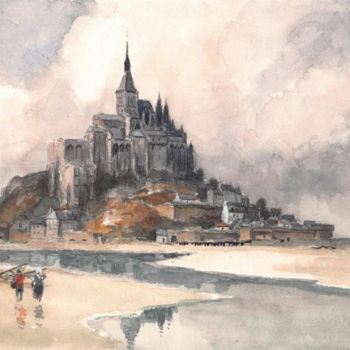Pintura intitulada "Le Mont St Michel A…" por La Brige, Obras de arte originais, Aquarela