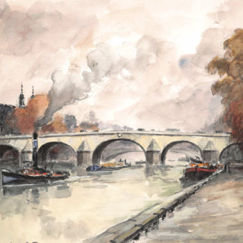 Painting titled "La Seine au Pont Ro…" by La Brige, Original Artwork, Watercolor