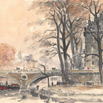 Schilderij getiteld "L'îe de St Louis à…" door La Brige, Origineel Kunstwerk, Aquarel