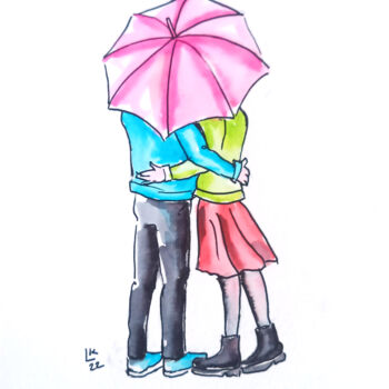 Drawing titled "Loving couple under…" by Lada Kholosho, Original Artwork, Watercolor