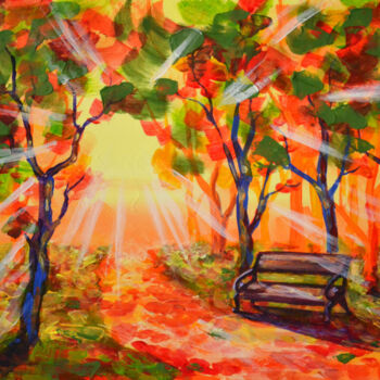 Pintura intitulada "Bench in the autumn…" por Lada Kholosho, Obras de arte originais, Acrílico