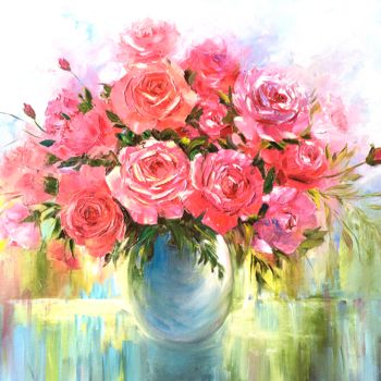 Картина под названием "Roses" - Galina Dunaeva, Подлинное произведение искусства, Масло Установлен на Деревянная рама для но…
