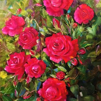 Painting titled "Roses 2" by Galina Dunaeva, Original Artwork, Oil Mounted on Wood Stretcher frame
