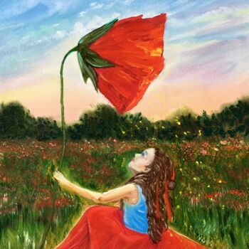 Картина под названием "Girl with poppy" - Galina Dunaeva, Подлинное произведение искусства, Масло Установлен на Деревянная р…