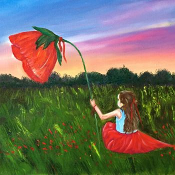 Painting titled "Girl with poppy 2" by Galina Dunaeva, Original Artwork, Oil Mounted on Wood Stretcher frame