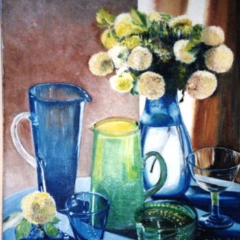 Painting titled "vase bleu au bouque…" by Nicole Brouillard, Original Artwork, Oil