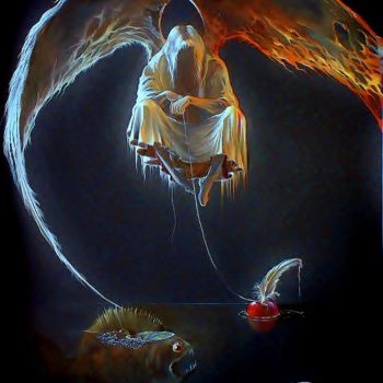 Tekening getiteld "Fishing Lucifer" door Vladimir Barkov Ladoyar, Origineel Kunstwerk, Conté