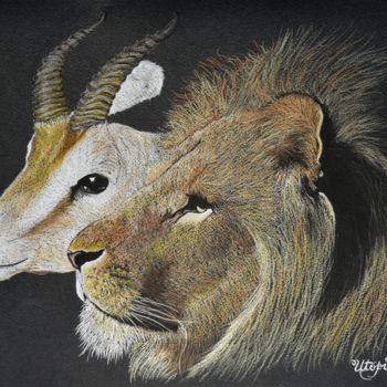 Drawing titled "Le lion et la gazel…" by Laetitia Debienne, Original Artwork, Pastel Mounted on Wood Stretcher frame