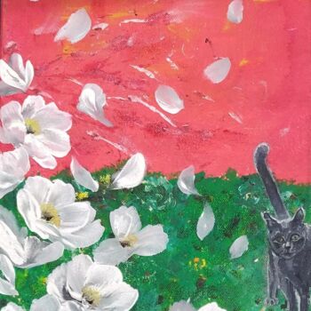 Pintura titulada "Chat et fleurs blan…" por Laetitia Labadie, Obra de arte original, Acrílico Montado en artwork_cat.