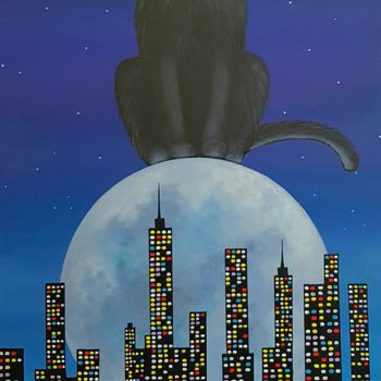 Painting titled "Cat on the city" by Ana Von Laff, Original Artwork, Acrylic