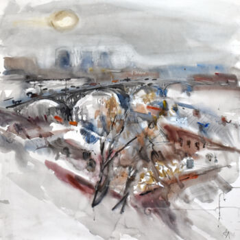 Painting titled "Солнце над городом" by Anna Lageda, Original Artwork, Watercolor