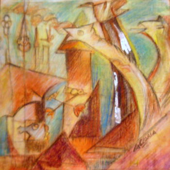 Drawing titled ""paisaje fantàstico"" by Lagloria, Original Artwork, Pencil Mounted on Wood Stretcher frame