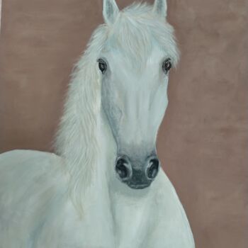 Painting titled "Cheval blanc en por…" by Lahcen Barny, Original Artwork, Acrylic Mounted on Wood Stretcher frame