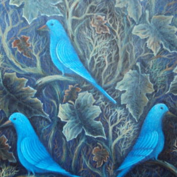 Painting titled "trois bleus d autom…" by Omar Reggane, Original Artwork, Oil