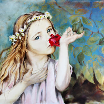 Painting titled "Fille avec une rose…" by Natalia Laletina, Original Artwork, Oil