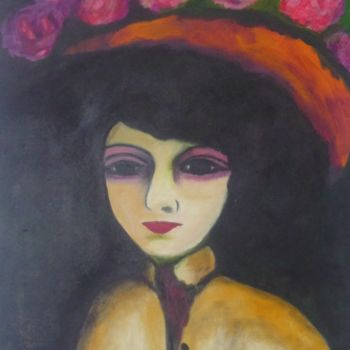 Картина под названием "le-chapeau-de-roses" - Martine Lallement, Подлинное произведение искусства, Акрил Установлен на Дерев…