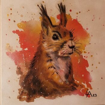 Schilderij getiteld "RED SQUIRREL" door Lalyart, Origineel Kunstwerk, Pastel Gemonteerd op Frame voor houten brancard