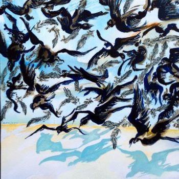 Painting titled "oiseaux-1-" by Danielle Lamaison, Original Artwork, Ink