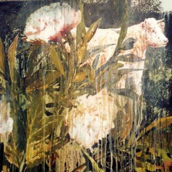 Painting titled "Dans les pivoines" by Rosario La Malfa, Original Artwork, Oil