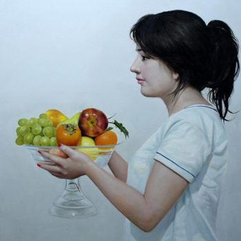 Painting titled "Femme avec des frui…" by Lamine Azzouzi, Original Artwork, Oil