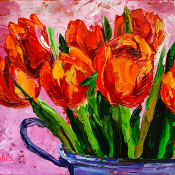 Pittura intitolato ""Orange tulips"" da Lana Light S., Opera d'arte originale, Olio