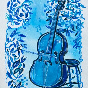 Dessin intitulée "Сello drawing blue" par Lana Mur, Œuvre d'art originale, Aquarelle