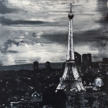 Painting titled "Paris at night" by Lana Pochikian, Original Artwork, Oil Mounted on Wood Stretcher frame