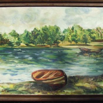 Painting titled "BOAT" by Landscape Art, Original Artwork, Oil