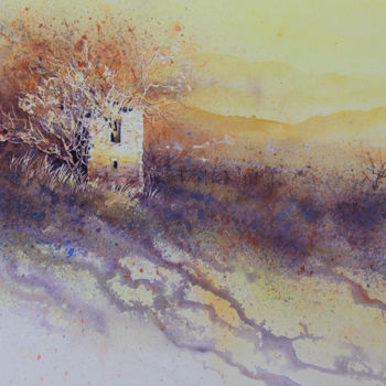 Schilderij getiteld "Le cabanon et les a…" door Stéphane Langeron, Origineel Kunstwerk, Aquarel