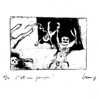 Printmaking titled "C'est un garçon !" by René Lannoy, Original Artwork, Etching