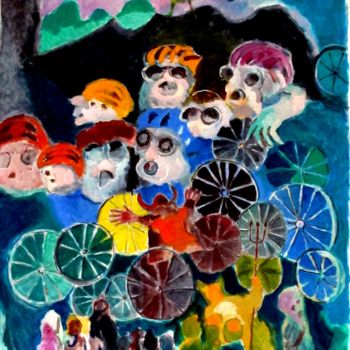 Painting titled "Les cyclistes 76x60…" by René Lannoy, Original Artwork, Oil