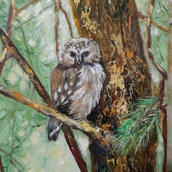 Pintura titulada "owl sitting on a tr…" por Svetlana Lanovenko, Obra de arte original, Oleo