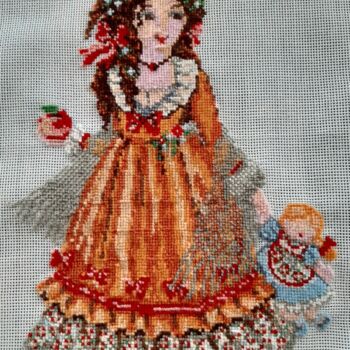 Art textile intitulée "girl with doll cros…" par Svetlana Lanovenko, Œuvre d'art originale, Broderie