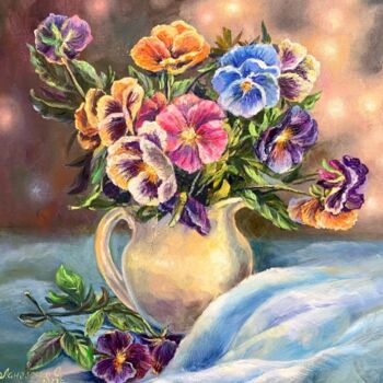 Painting titled "Bright flowers Pans…" by Svetlana Lanovenko, Original Artwork, Oil