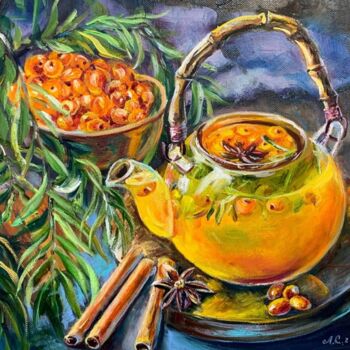 Pintura intitulada "Sea buckthorn tea g…" por Svetlana Lanovenko, Obras de arte originais, Óleo