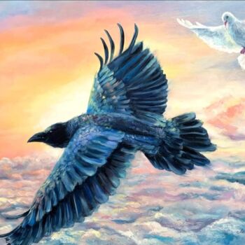Painting titled "A raven soaring abo…" by Svetlana Lanovenko, Original Artwork, Oil