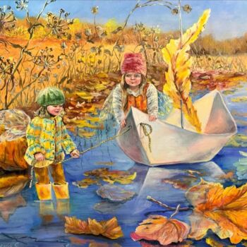Pittura intitolato "Autumn Puddle Paper…" da Svetlana Lanovenko, Opera d'arte originale, Olio